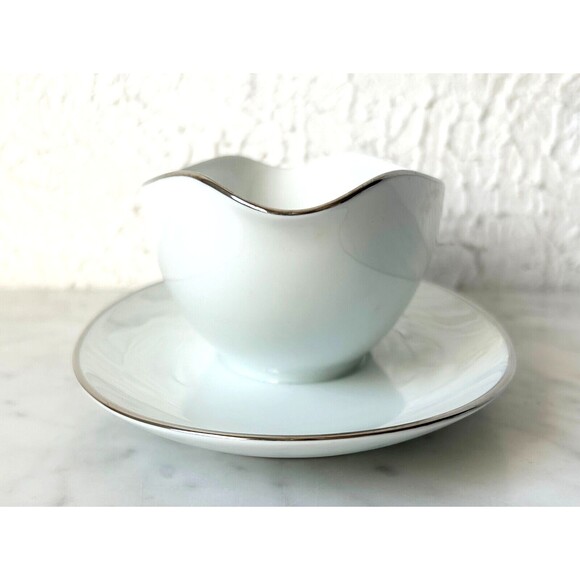 Vintage Noritake Colony China Gravy Boat Attached Underplate White Platinum Trim - Picture 3 of 9